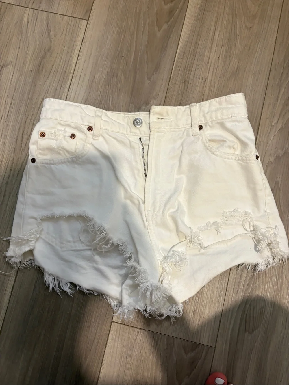 Zara Cream Distressed Denim Shorts